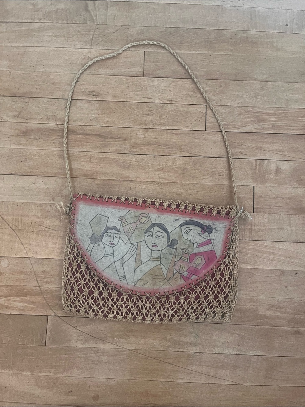 Vtg 1970s Madhubani HandPainted Jute leather macrame SlingBag Authentic Folk Art - Picture 12 of 12
